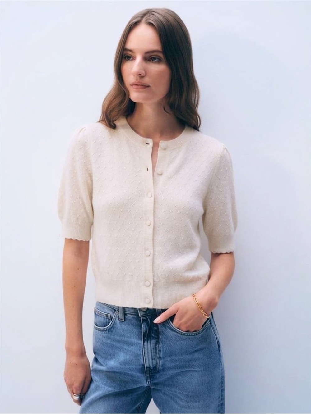NWT $448 FRAME The Cashmere Pointelle Puff Sleeve Cardigan in White